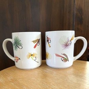 Vintage 1988 Boston Warehouse Fishermans Mugs Fly Fishing Lures Set of 2